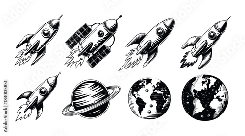 Collection of stylized rockets, planets, and satellites rendered in a bold black and white graphic style perfect for science and exploration themed projects and promotions.
