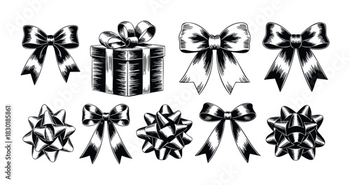 Collection of festive gift wrapping bows and a present box in a vintage sketch style for holiday decoration and celebration projects