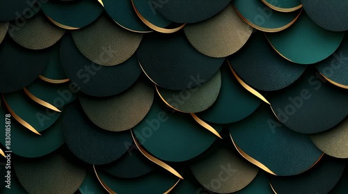 An abstract image features a seamless pattern of overlapping, semi-circular shapes, in deep emerald and bronze with golden edges