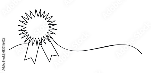 A simple black outline drawing of a rosette award with ribbons and a wavy flourish on a white background, suitable for signifying achievement, recognition, or victory in contests and