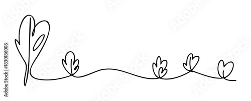 Minimalist single line drawing of leaves and stems creating a flowing border for organic and natural themes, perfect for stationery and web design projects.
