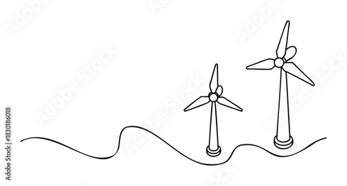 Modern wind turbines with blades generating renewable energy in a minimalist line drawing style, perfect for environmental and sustainability themes.