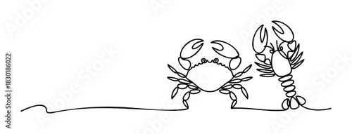 Minimalist continuous line drawing of a crab and a lobster facing each other, perfect for seafood menus, restaurant branding, and ocean life promotions.