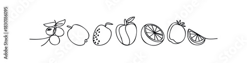 Line art collection of various fruits including grapes, pear, lemon, apple, orange slice, and peach for organic food concepts and healthy eating promotions