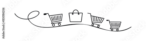 Shopping carts and bag on a flowing line symbolizing ecommerce delivery and online shopping journey for retail or business use