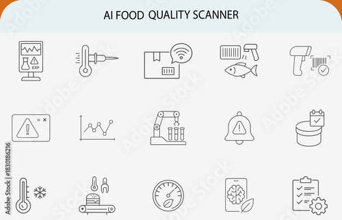 AI food quality logistics line icons, supply chain automation vector set