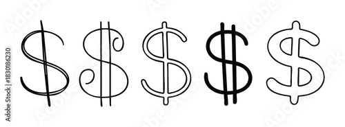 Collection of five diverse dollar signs showcasing variations in stroke weight and style, perfect for financial, banking, and currencyrelated themes.