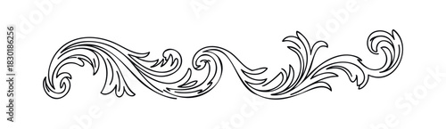 Elegant scrollwork flourish with swirling acanthus leaves and ornate filigree for decorative borders and graphic accents, perfect for vintage invitations and luxurious branding projects.