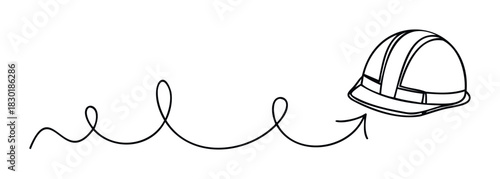 Safety helmet concept showing protection and progression with a flowing line guiding towards the item for construction or industrial use.