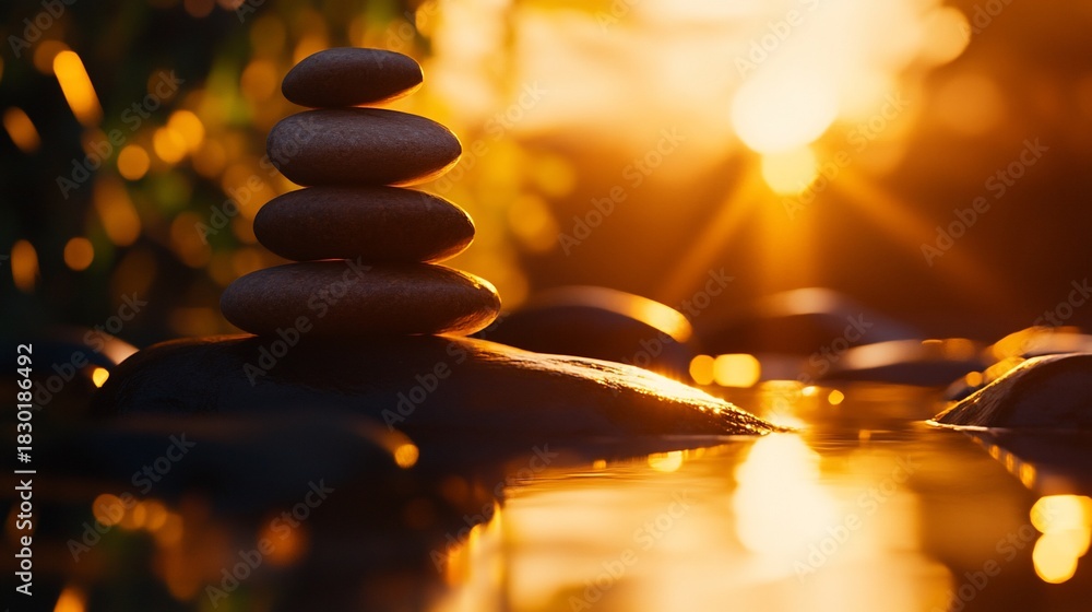 Obraz premium Zen stones stacked peacefully at sunset on a tranquil water surface with golden bokeh