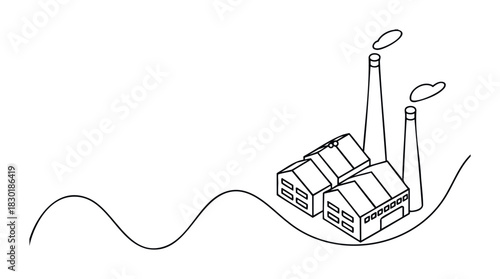 Minimalist line drawing of factories and smokestacks with smoke plumes, representing industry and manufacturing, suitable for environmental or economic themes.