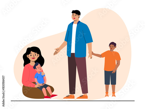 The mother sat and held her youngest child, while the father stood holding his eldest child. Big family vector illustration. Flat illustration.