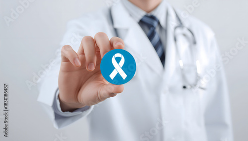 A doctor holding a blue ribbon symbol for awareness and support in a medical context