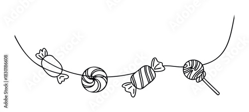 Whimsical string of candies and lollipops, perfect for celebrations, parties, and sweetthemed promotions.