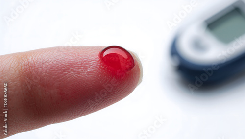 Macro shot of a single blood drop on a fingertip for a medical glucose test, symbolizing diabetes care and health monitoring