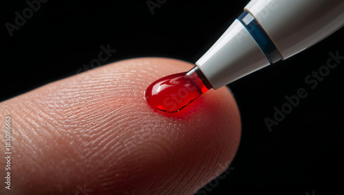 A close-up view of a medical device carefully collecting a droplet of blood from a fingertip, symbolizing health monitoring and essential diagnostic procedures
