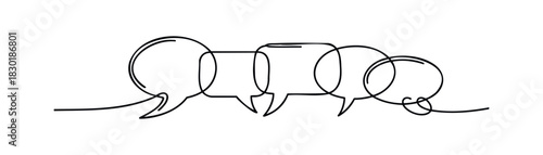 Abstract line art of interconnected speech bubbles in black and white, perfect for representing communication and discussion in media and web projects.