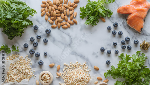 A variety of healthy foods, including salmon, blueberries, kale, almonds, and oats, artfully arranged on a marble surface