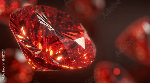 A close-up showcases a radiant, faceted gemstone. The ruby-like stone is a vibrant red, catching and reflecting internal light. Bokeh adds depth