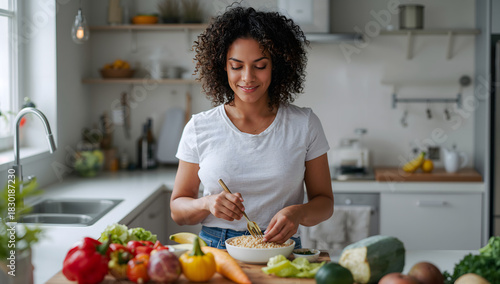 Young woman in a white t-shirt preparing a healthy meal with fresh vegetables in her kitchen