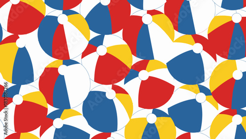 Vibrant summer beach balls scattered randomly across a white canvas background creating a lively