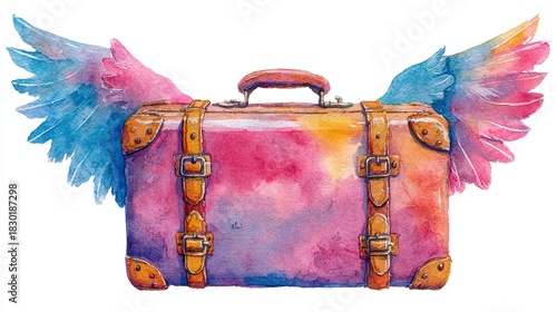 A whimsical watercolor illustration of a suitcase with colorful, angelic wings, symbolizing travel and freedom.