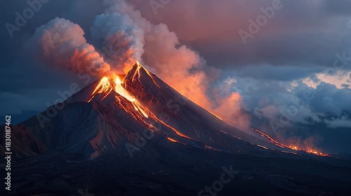 A dark scene portrays a volcanic eruption. Molten lava streams down the mountain's side as it billows smoky clouds. The sky is dark