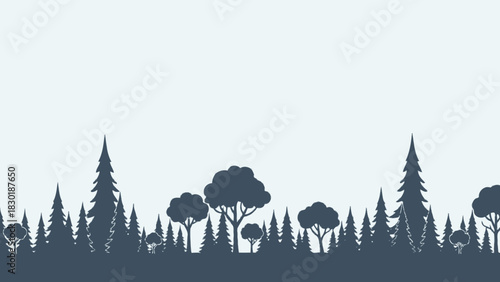 Silhouette forest panorama: A tranquil vista of diverse trees against serene backdrop