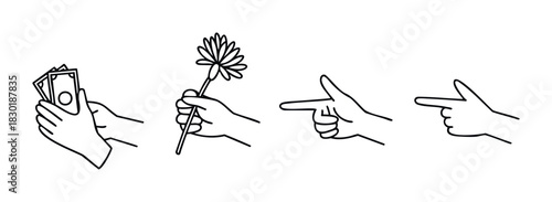 Collection of hand gestures offering money, a flower, and pointing in different directions for a variety of communication and promotional uses.