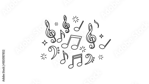 Musical arrangement featuring treble clefs bass clefs notes and sparkling accents for artistic