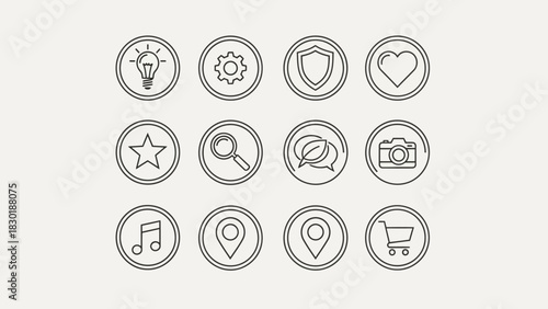 Minimalist line icons set representing various functions and symbols for web and app design