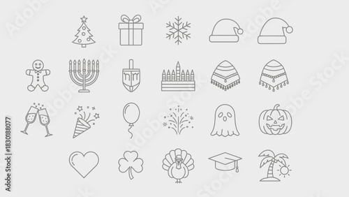 Minimalist linear vector icons representing global holidays and celebrations concept
