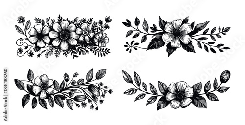 Vintage floral borders and ornaments hand drawn with detailed linework for invitations, stationery, and greeting cards, perfect for elegant celebrations.