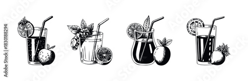 Fresh fruit drinks in glasses with straws and garnishes, representing healthy refreshment and beverage options for various applications and healthy lifestyle promotion.