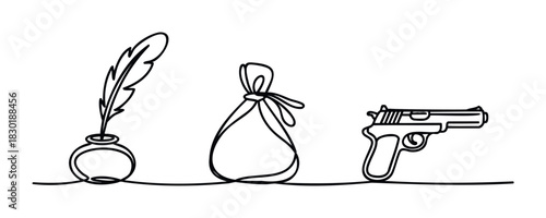 Stylized one line drawing of a quill pen in inkwell, a tied bag, and a pistol representing the power of words, commerce, and force for symbolic representation.
