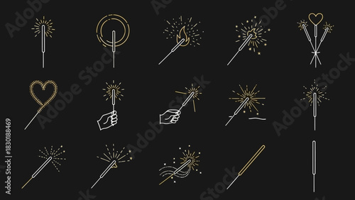 Illustrative sparkler collection with different shape of light and effect on black background