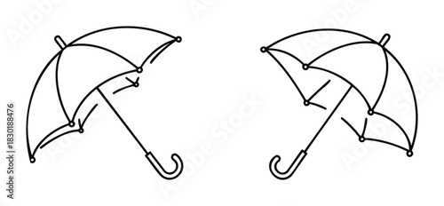 Two simple line drawing umbrellas presented symmetrically, perfect for representing protection, weather, or outdoor activities in a minimalist style for various graphic applications.