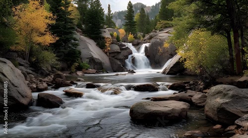 A natural scene showcasing a cascading waterfall amidst a rugged landscape, surrounded by trees with autumn foliage, and flowing river