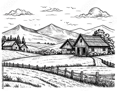 Serene countryside landscape with a farmhouse and mountains in the background art