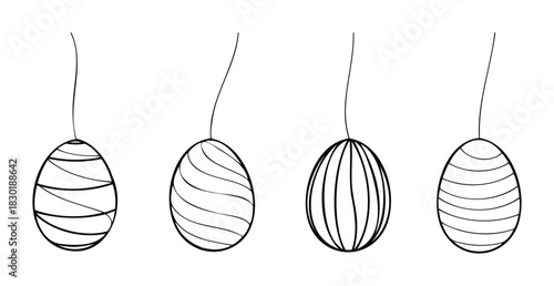 Collection of four simple line drawings of decorated Easter eggs hanging by threads, perfect for holiday celebrations and springtime themes.