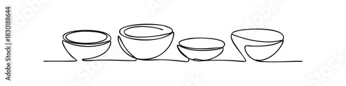 Minimalist continuous line drawing of assorted bowls of varying sizes and shapes, perfect for illustrating concepts of sharing food or serving dishes in a modern context.