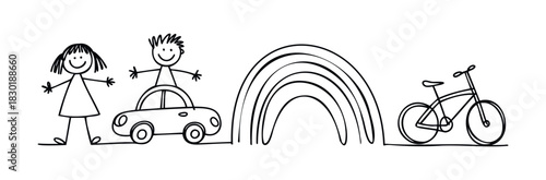 Simple line drawings of happy children with a car, rainbow, and bicycle, representing childhood fun and outdoor activities for use in various media projects.