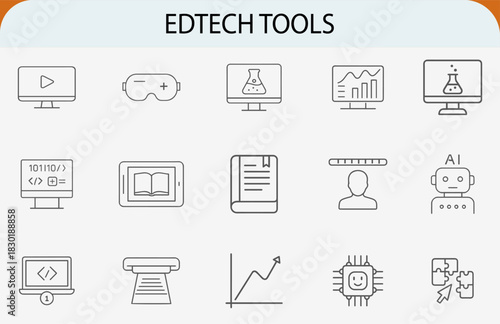 edtech tools online learning programming virtual reality line icons