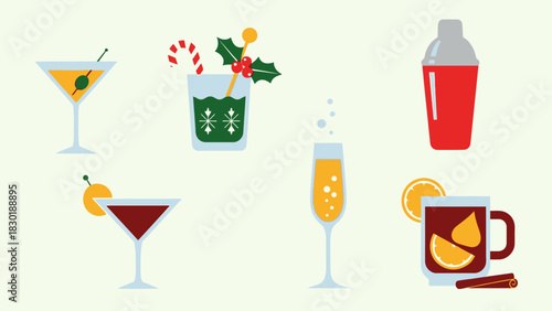 Festive holiday cocktails arrangement, featuring various colorful drinks in glasses and mugs