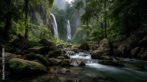 A serene landscape features two waterfalls cascading into a flowing river. Lush green foliage surrounds the water, mossy rocks in the foreground