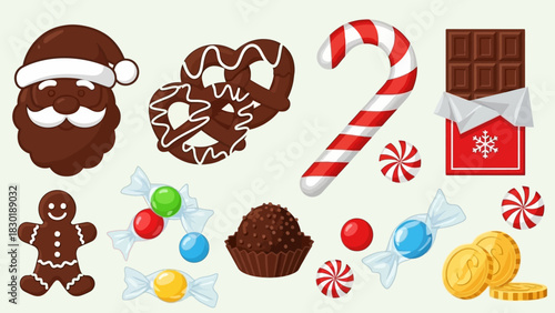 Festive chocolate-themed holiday icons featuring Santa, gingerbread man, and sweet treats galore