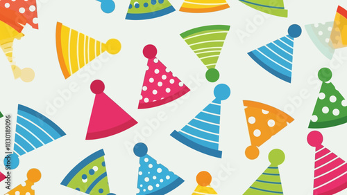 Festive birthday party hats in cheerful colors creating an appealing abstract pattern