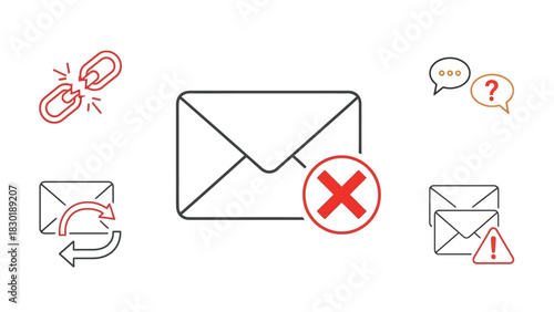 Email communication challenges represented by linear icons on a clean white background