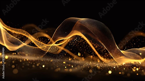 A dark background with flowing, golden lines that resemble smoke or energy waves, sprinkled with shimmering particles