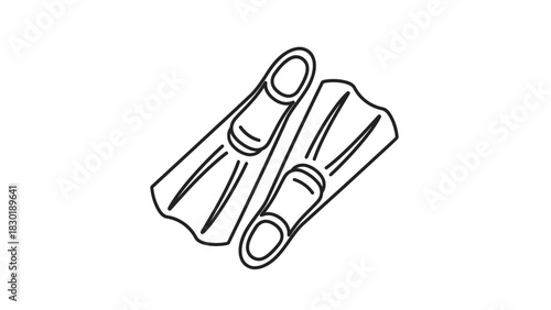 Doodle style illustration of swim fins in minimalist black and white design swimming underwater